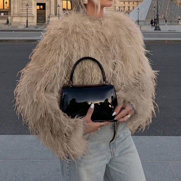 Light Brown Casual Women's Crew Neck Long Haired Coat - Picture 3 of 4